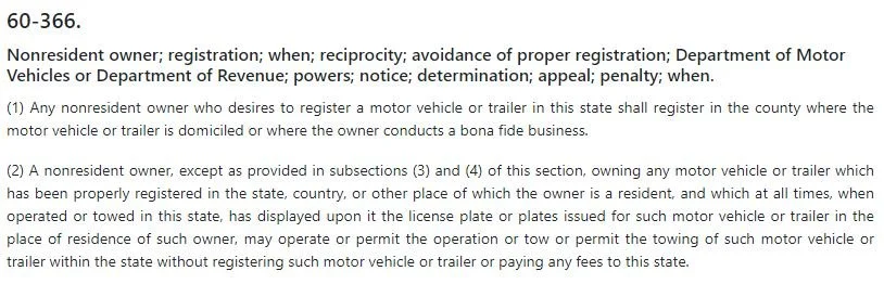 Nebraska vehicle registration reciprocity statute (excerpt)
