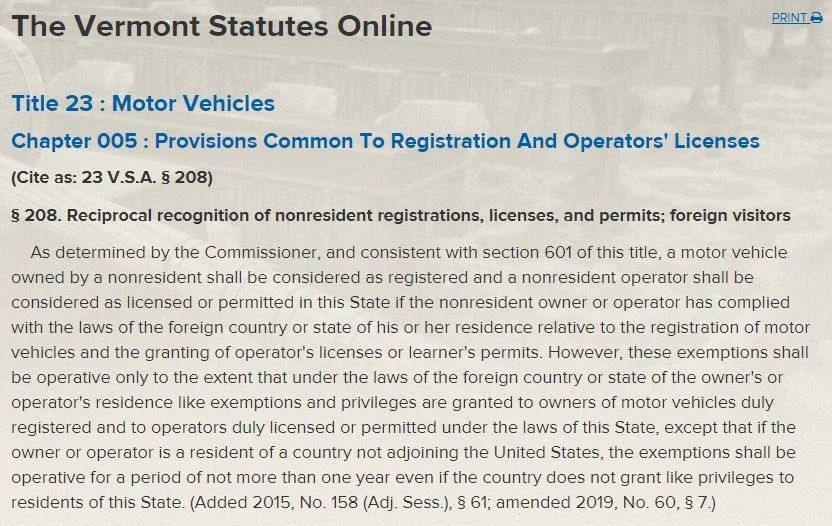 Vermont vehicle registration reciprocity statute (excerpt)