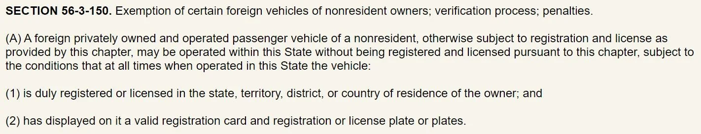 South Carolina vehicle registration reciprocity statute (excerpt)
