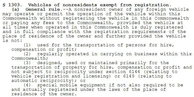 Pennsylvania vehicle registration reciprocity statute (excerpt)