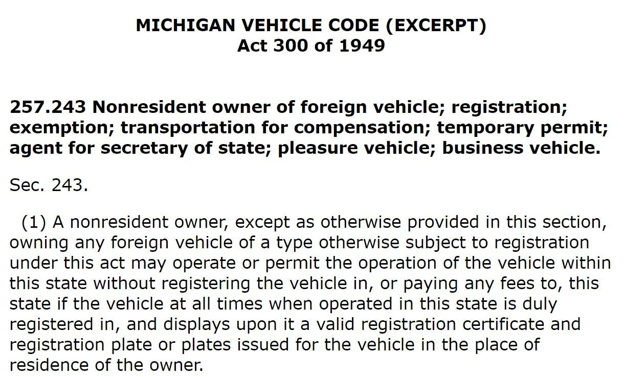 Michigan vehicle registration reciprocity statute (excerpt)