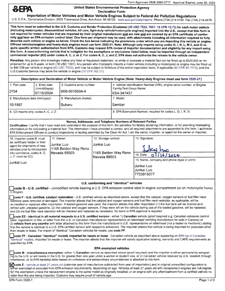 Completed EPA 3520-1