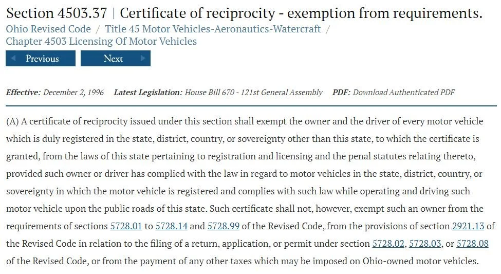 Ohio vehicle registration reciprocity statute (excerpt)