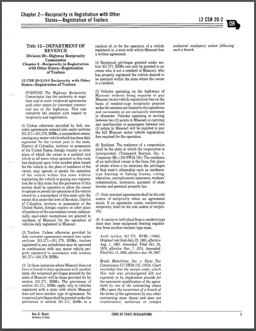 Missouri vehicle registration reciprocity statute (excerpt)