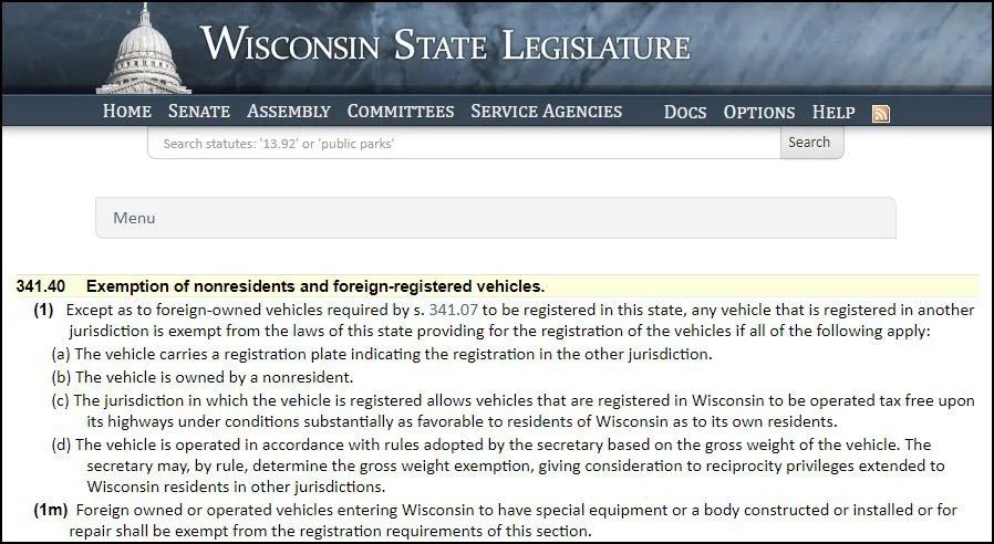 Wisconsin vehicle registration reciprocity statute (excerpt)