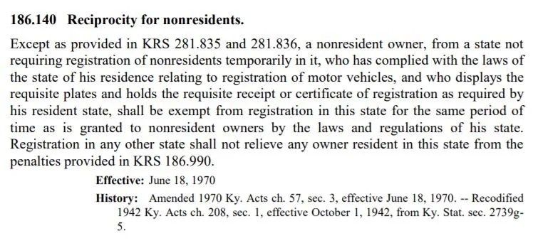 Kentucky vehicle registration reciprocity statute (excerpt)