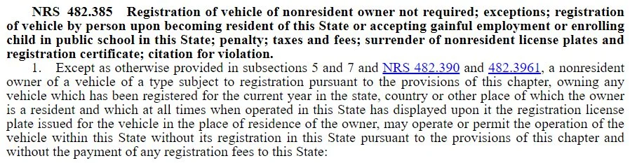 Nevada vehicle registration reciprocity statute (excerpt)