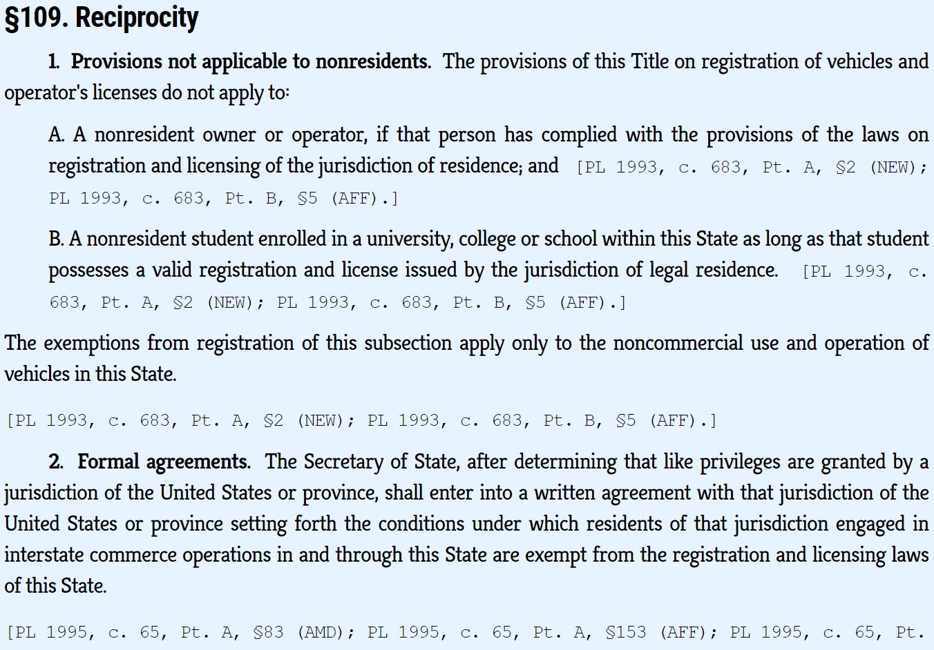 Maine vehicle registration reciprocity law for nonresidents and students, section 109 legal requirements documentation.