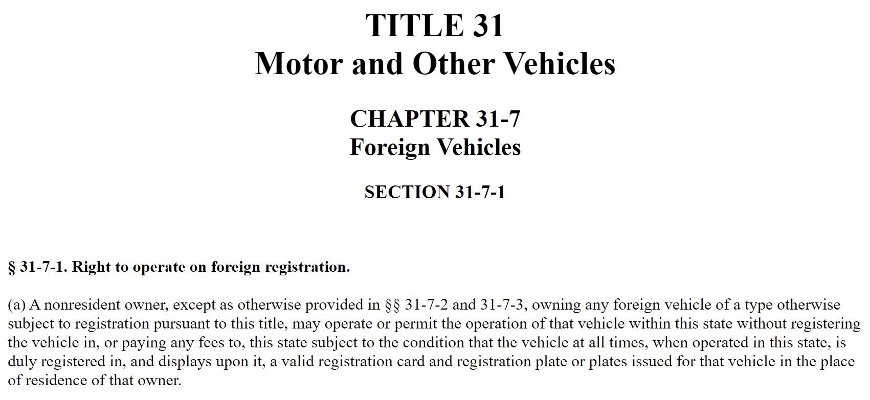 Rhode Island vehicle registration law for foreign vehicles showing operating requirements and registration card display rules