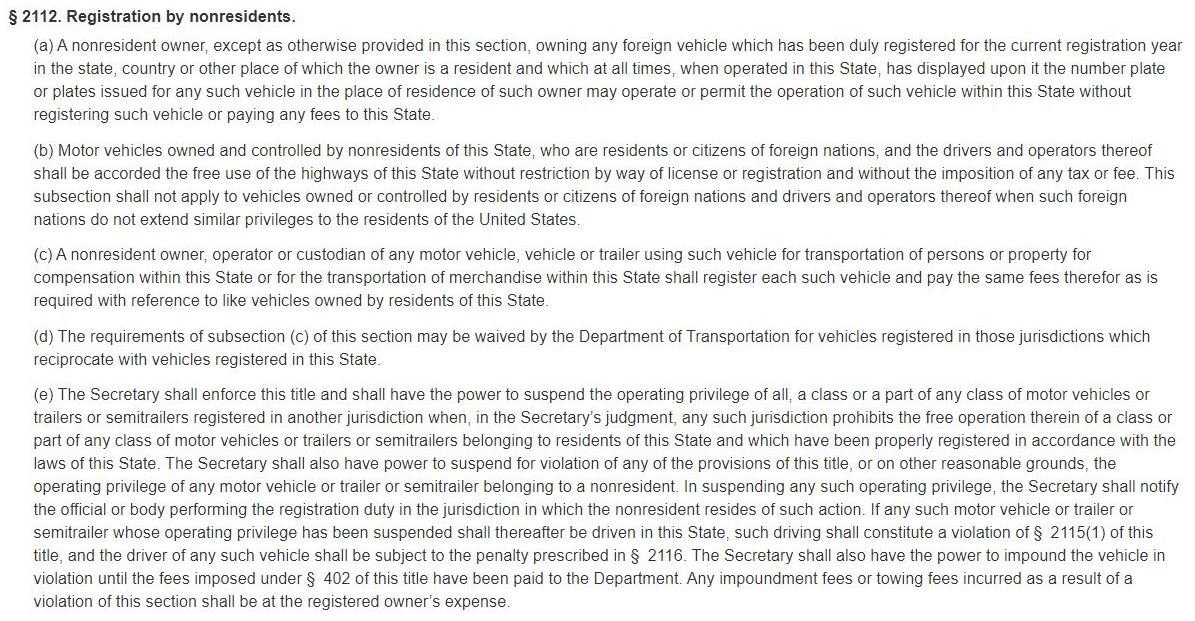 Delaware motor vehicle registration statute for nonresidents