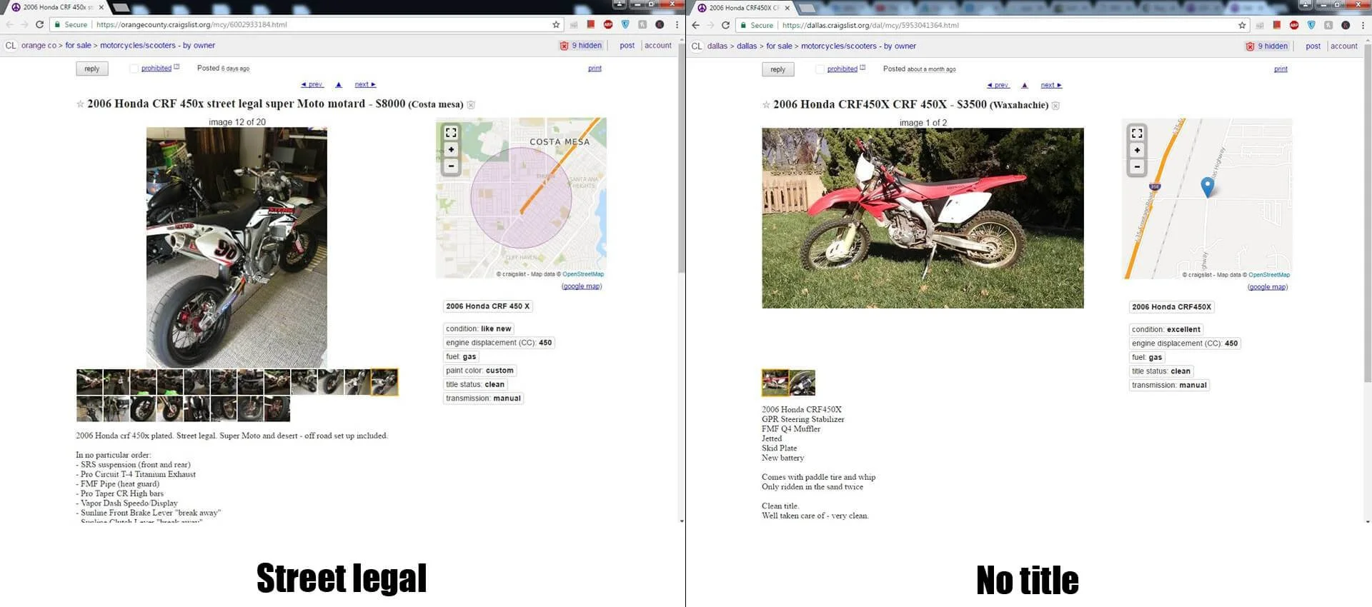 CRF450X street legal vs no title