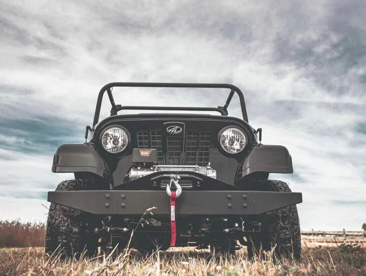 Black Roxor off-road vehicle parked in open field with dramatic sky overhead