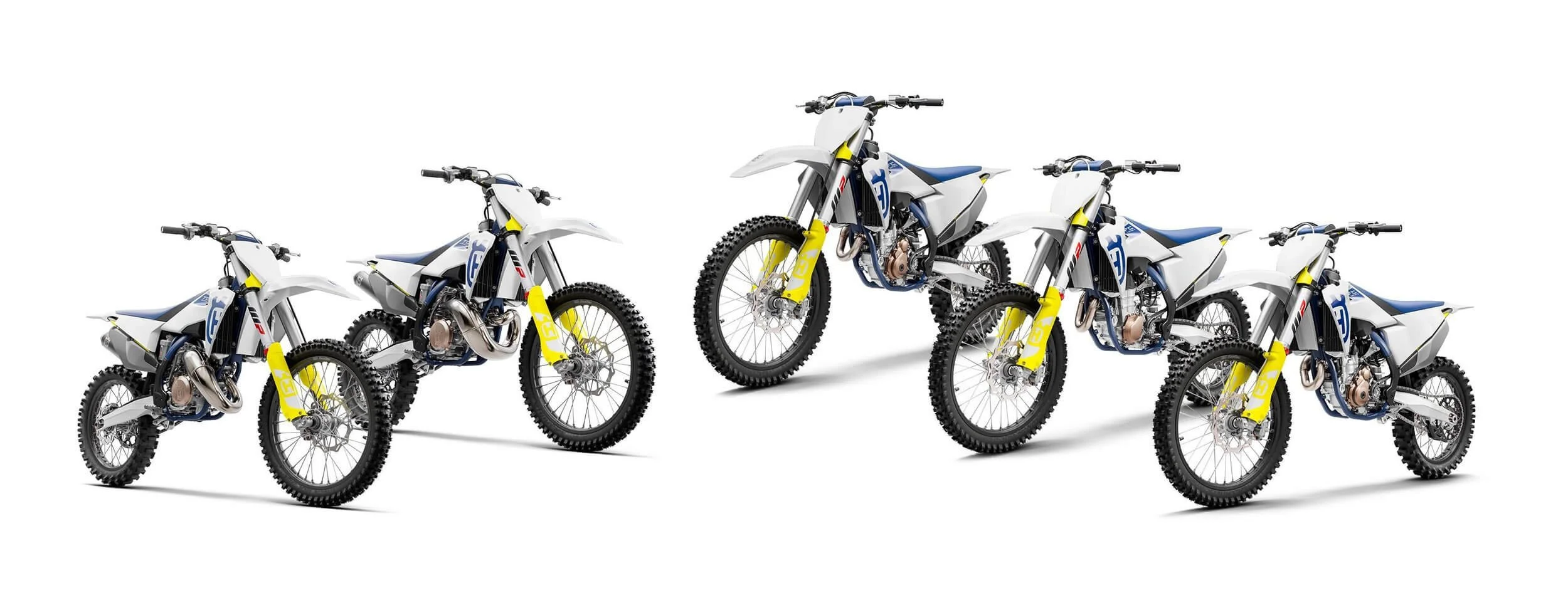 2020 Husqvarna dirt bike lineup displayed in yellow and blue featuring multiple motocross and cross country models