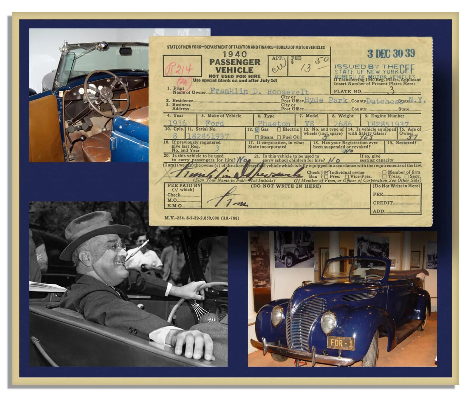 1940 Ford convertible with vintage New York car title registration document and historical photos of Franklin D. Roosevelt