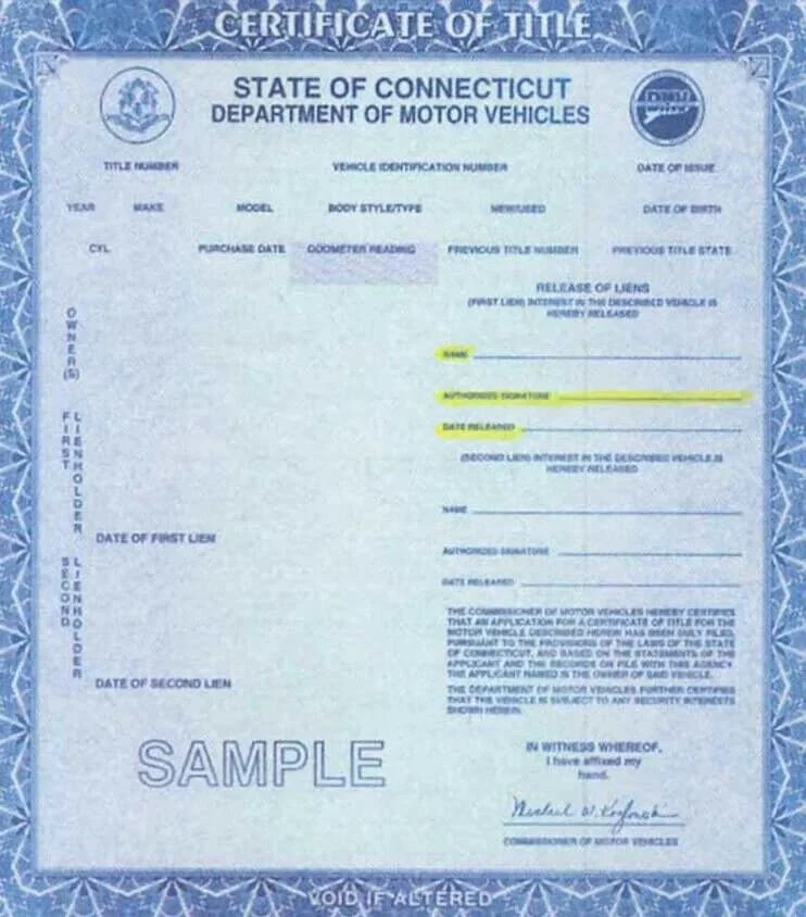 Connecticut vehicle title certificate sample showing lienholder release section and lien information fields