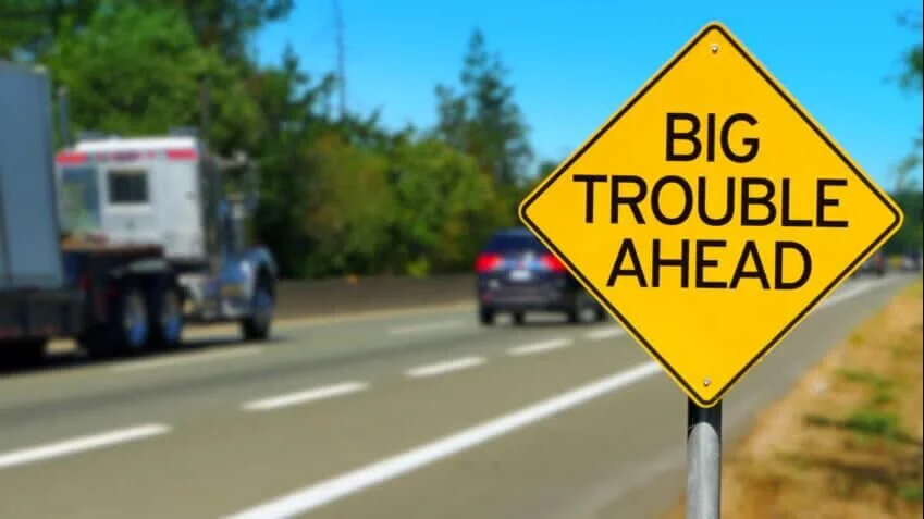 Yellow warning sign on highway reads "Big Trouble Ahead" with trucks and cars