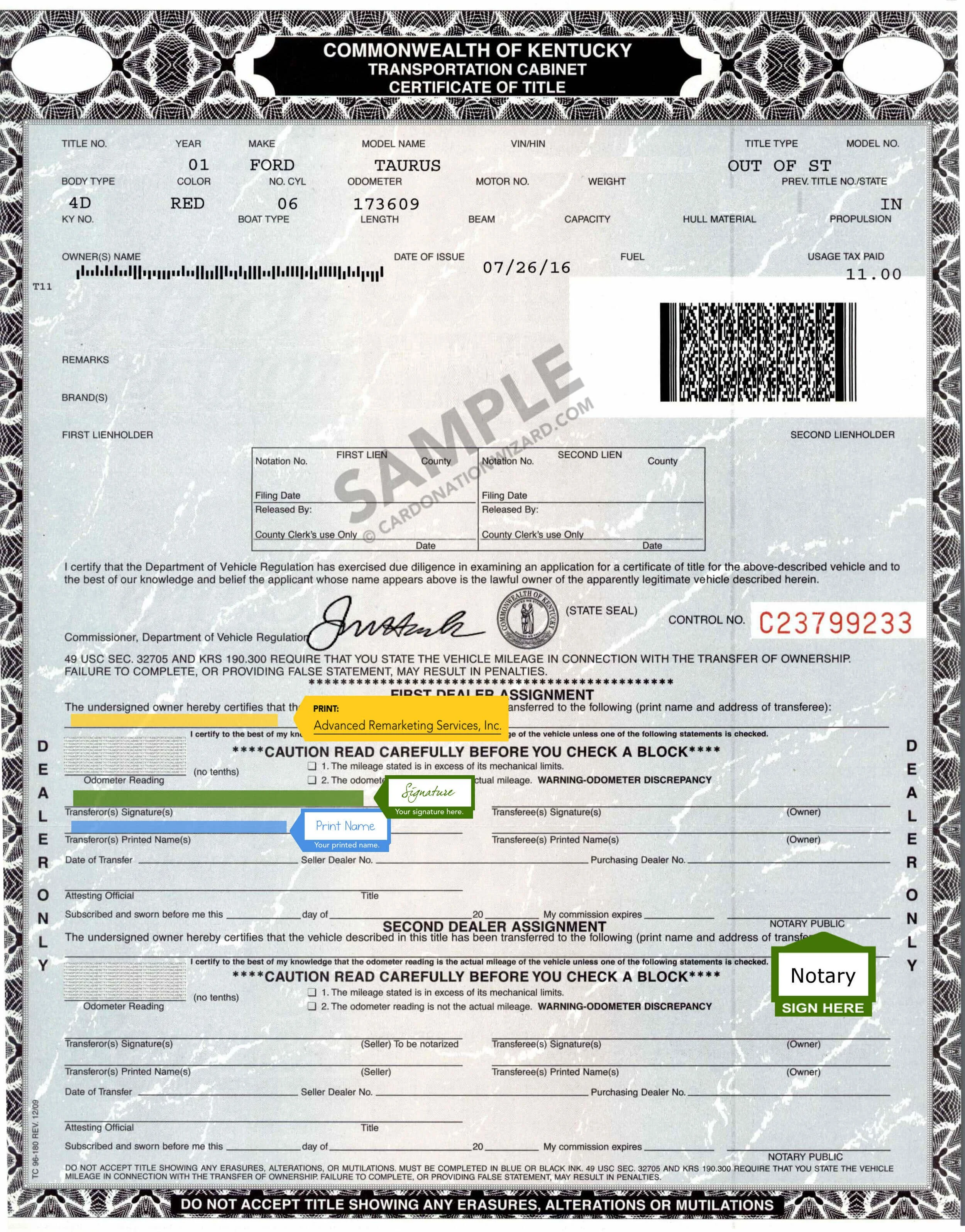 Kentucky certificate of title for Ford Taurus showing clean title document used in car title washing scams to hide flood