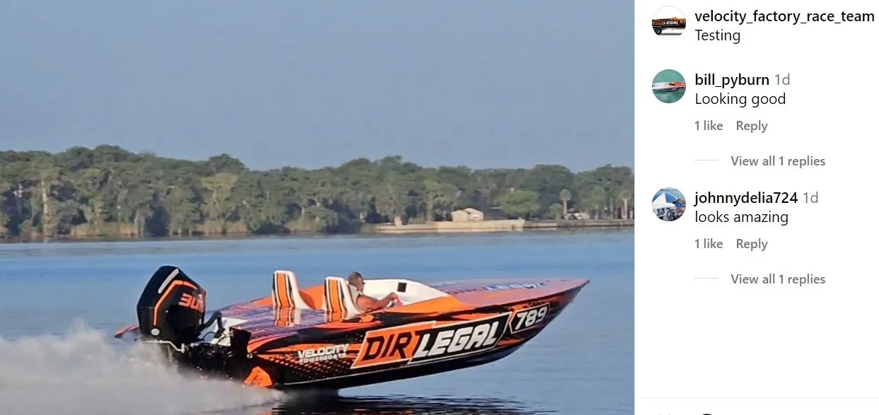 Orange and black Dirt Legal speedboat with Velocity branding racing across blue water at Shootout Ozarks event