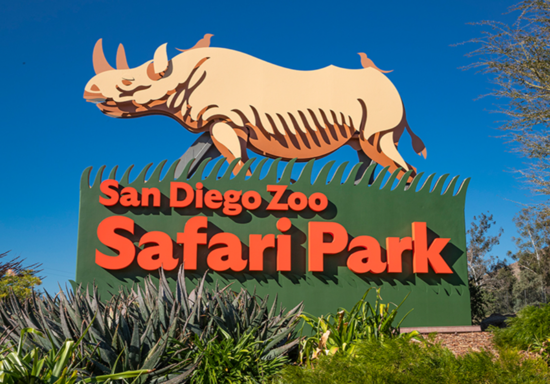 San Diego Zoo Safari Park entrance sign with rhino illustration, family travel destination bucket list idea