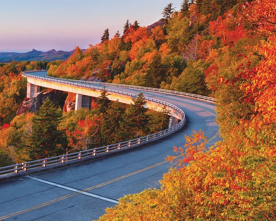 Modern highway bridge curving through vibrant autumn forest foliage