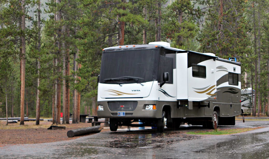 White and brown Vista motorhome parked in forest campground, representing salvage title RV restoration and camping lifestyle.