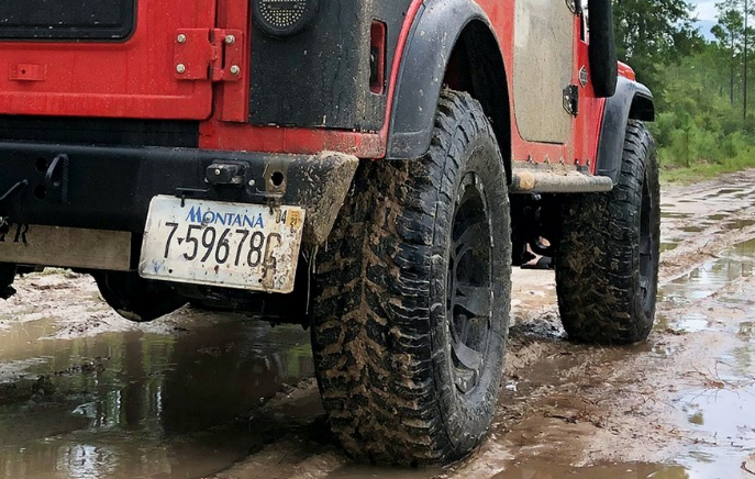 Red truck with Montana license plate stuck in muddy terrain, demonstrating vehicle registration flexibility and all-terrain