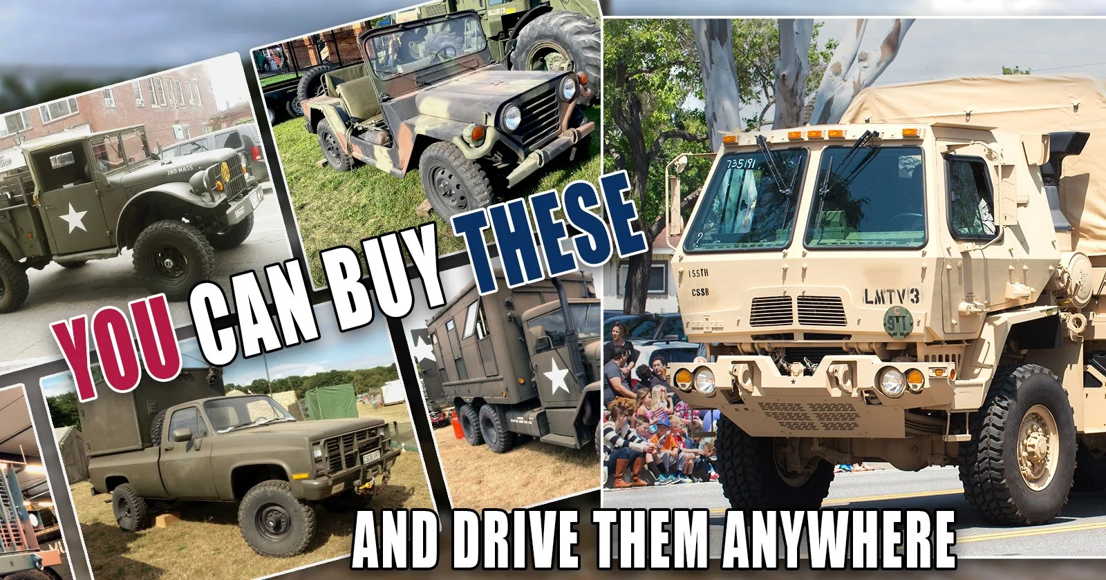 Surplus military trucks including Humvees and LMTV vehicles available for civilian purchase and street use