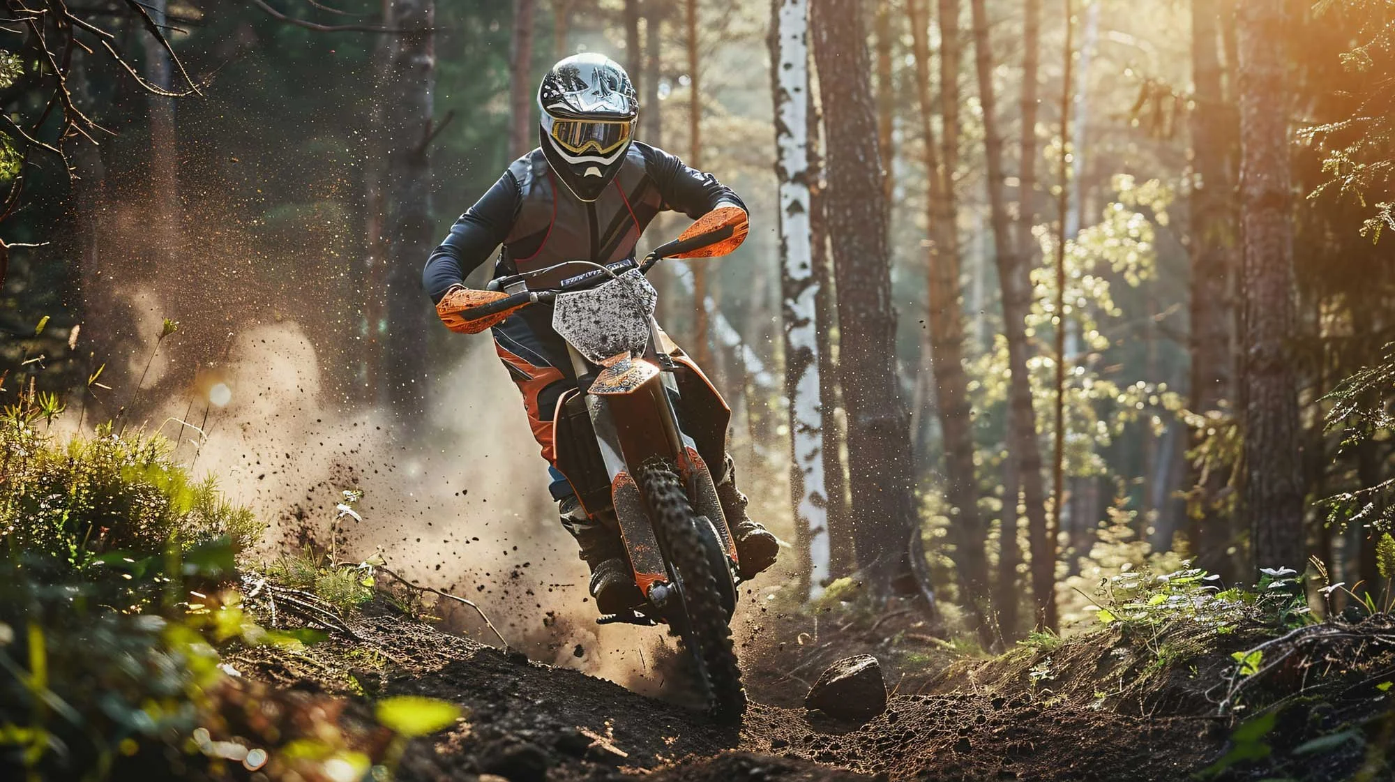 Dirt bike rider in orange and black gear accelerating through dusty forest trail with trees and sunlight