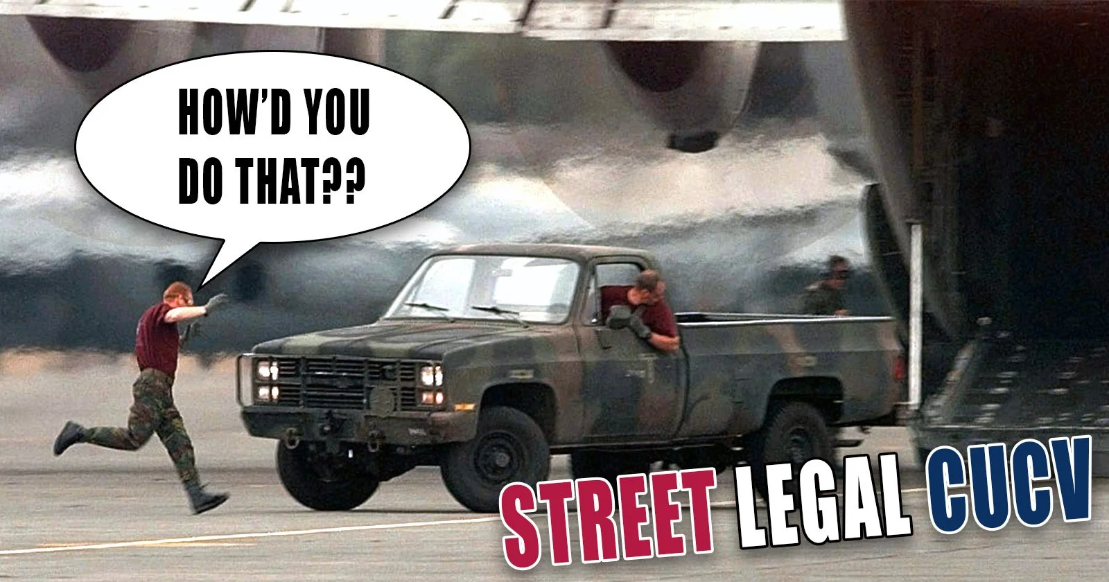 Military CUCV truck performing high-speed maneuver on street with driver questioning legality of stunt driving