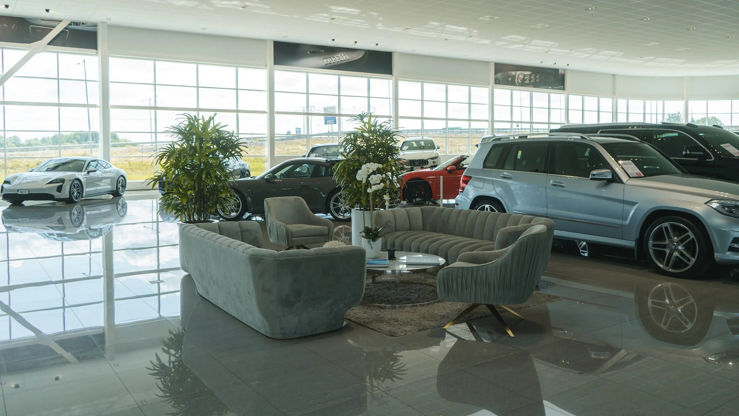 Modern elevated cars displayed in bright dealership showroom with lounge seating and large windows overlooking vehicles.