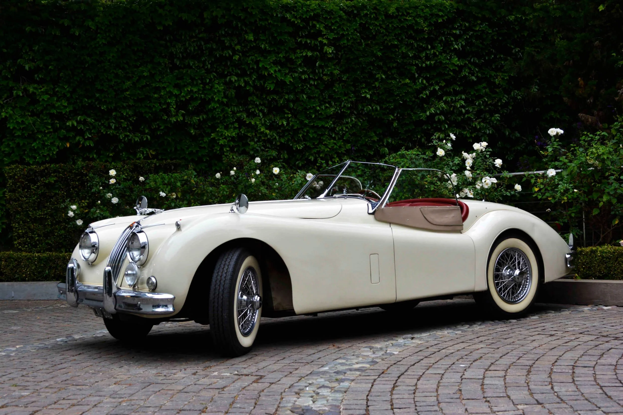 Cream-colored classic convertible sports car parked on brick driveway with hedge background