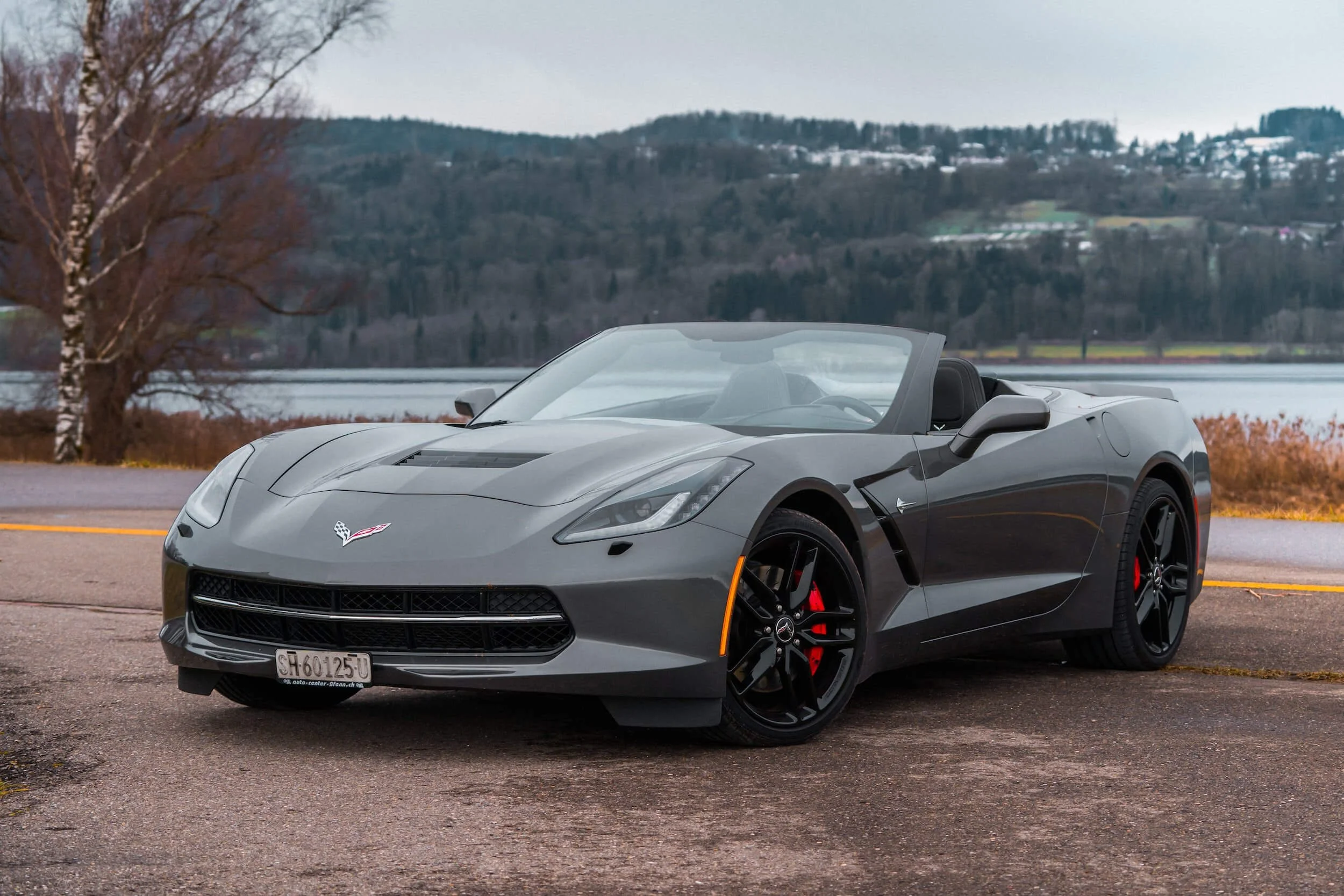 Gray convertible sports car parked by lake with mountains, ideal for Montana car rental business services