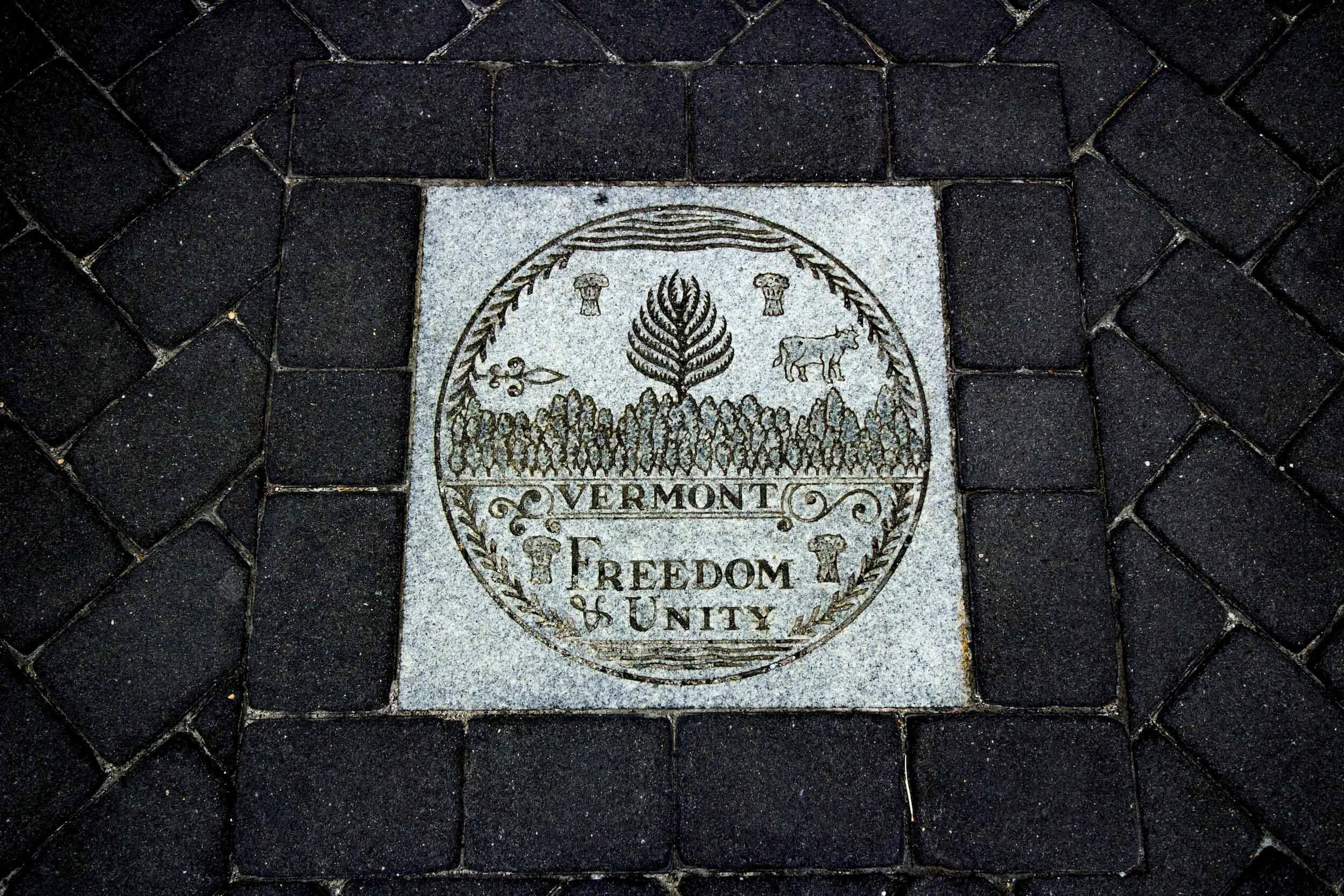 Vermont state seal carved in stone pavement displaying freedom and unity symbolism for official state registration