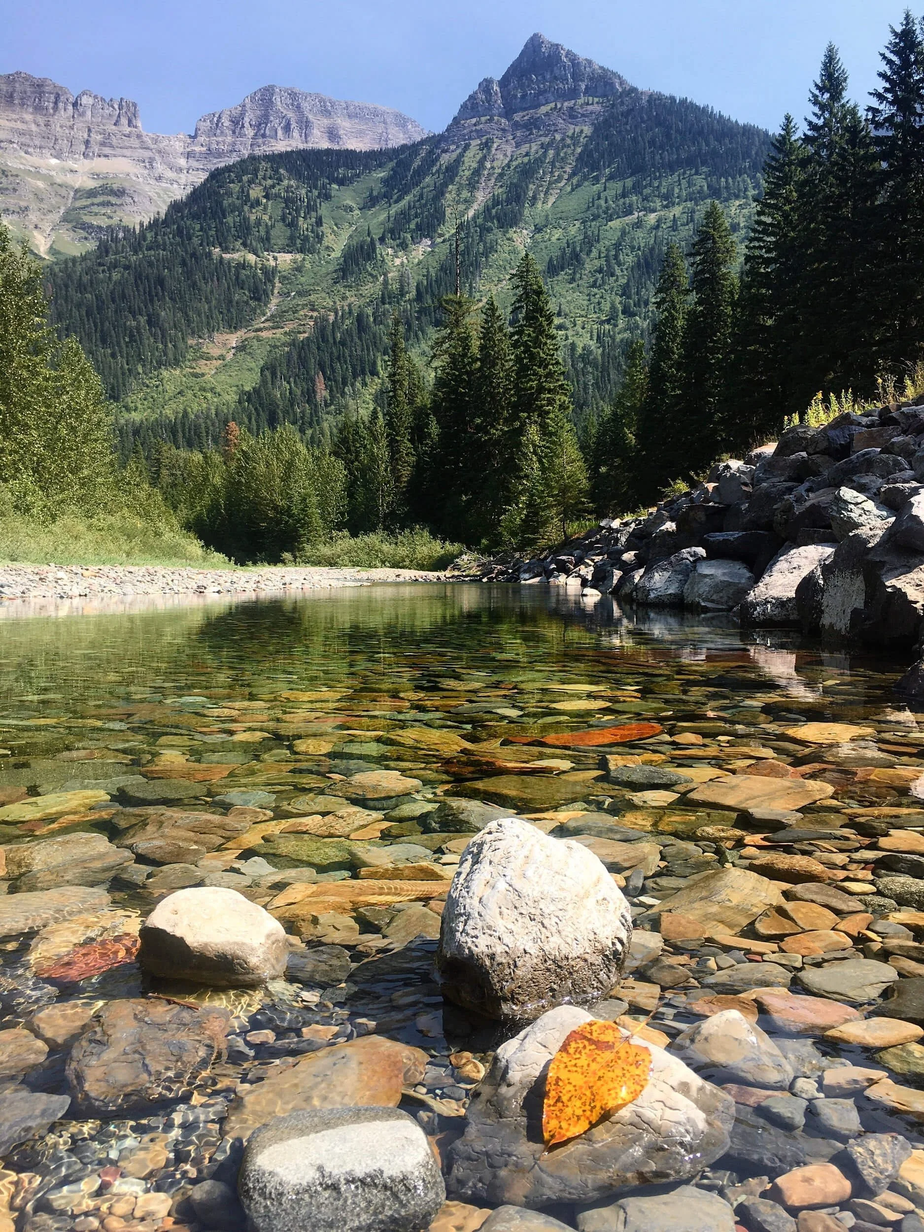 Crystal clear mountain lake with rocky shore and evergreen forest peaks under blue sky