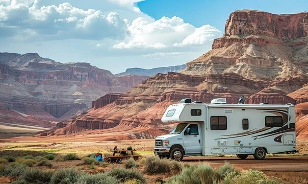 Class C motorhome parked in scenic desert landscape with camping setup