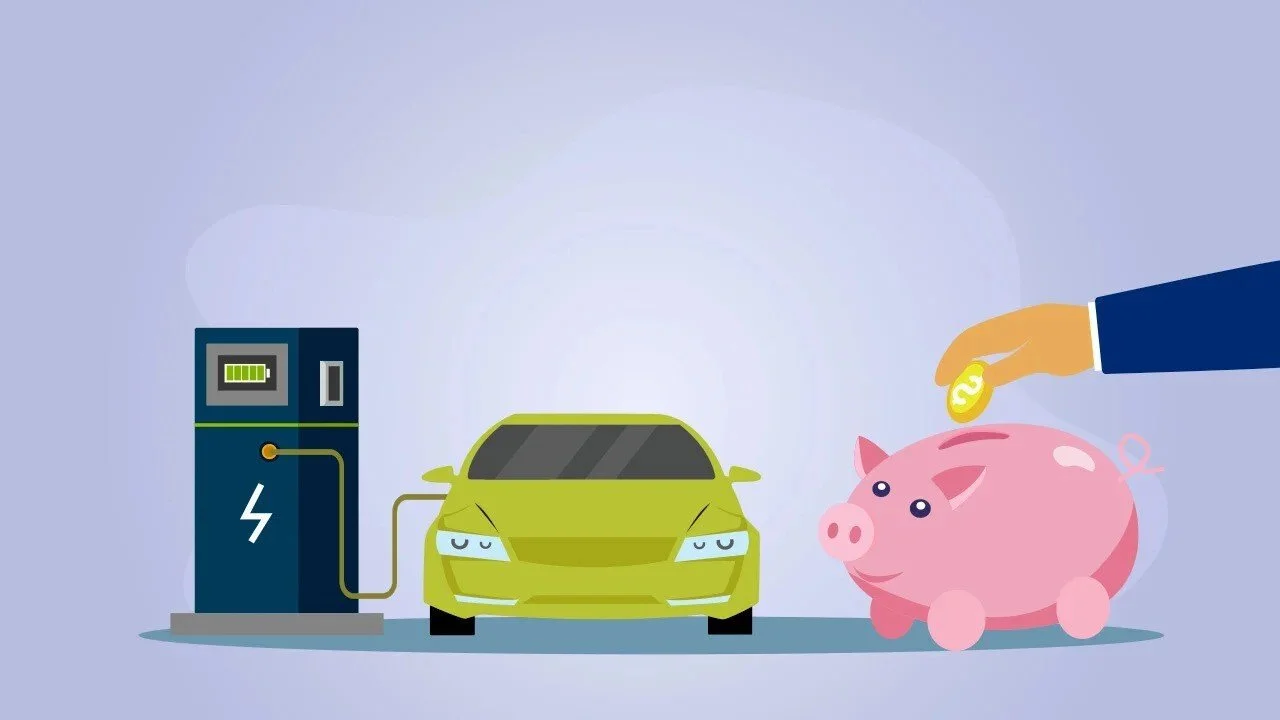 Electric vehicle at charging station with piggy bank, symbolizing cost concerns affecting EV sales decline.