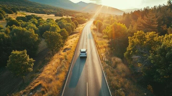 White SUV driving on straight mountain road through forested valley at golden sunset, symbolizing new travel adventures ahead