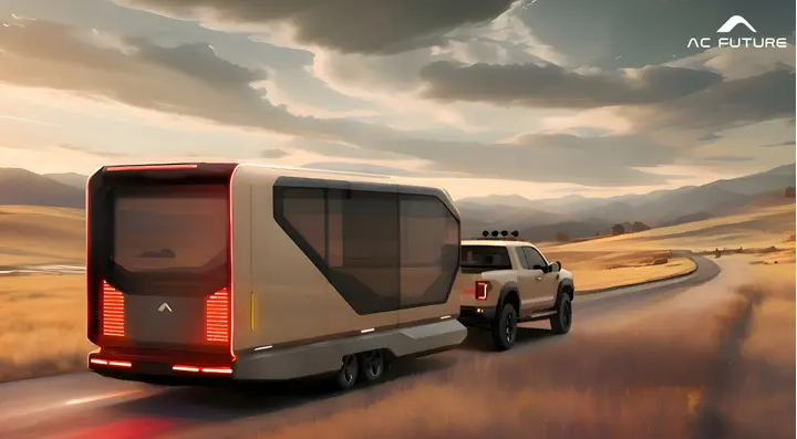 Futuristic AI-enabled transformer trailer home towed by electric vehicle across desert landscape showcasing innovative