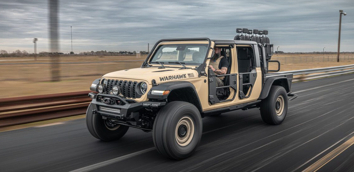 Hennessey Warhawk Jeep Gladiator custom truck driving on highway with open doors showcasing modifications
