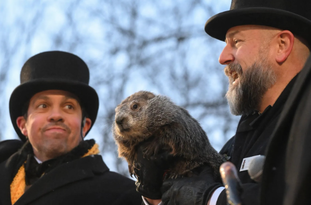 Punxsutawney Phil groundhog handler in top hat presents famous weather-predicting rodent for 2025 Groundhog Day forecast