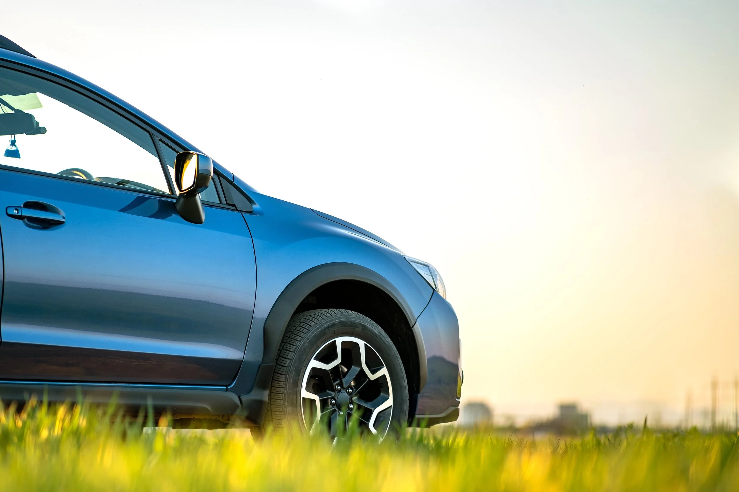 Blue compact SUV parked in grass field at sunset, representing the perfect car choice after careful market research