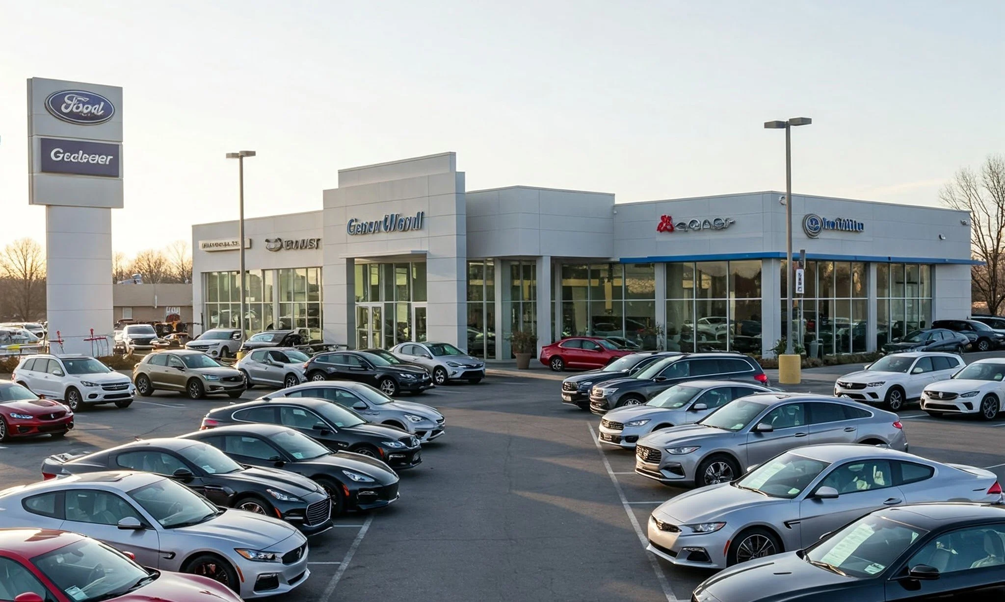 Car dealership lot with multiple vehicles displayed, illustrating challenges in auto retail affordability and car buying.