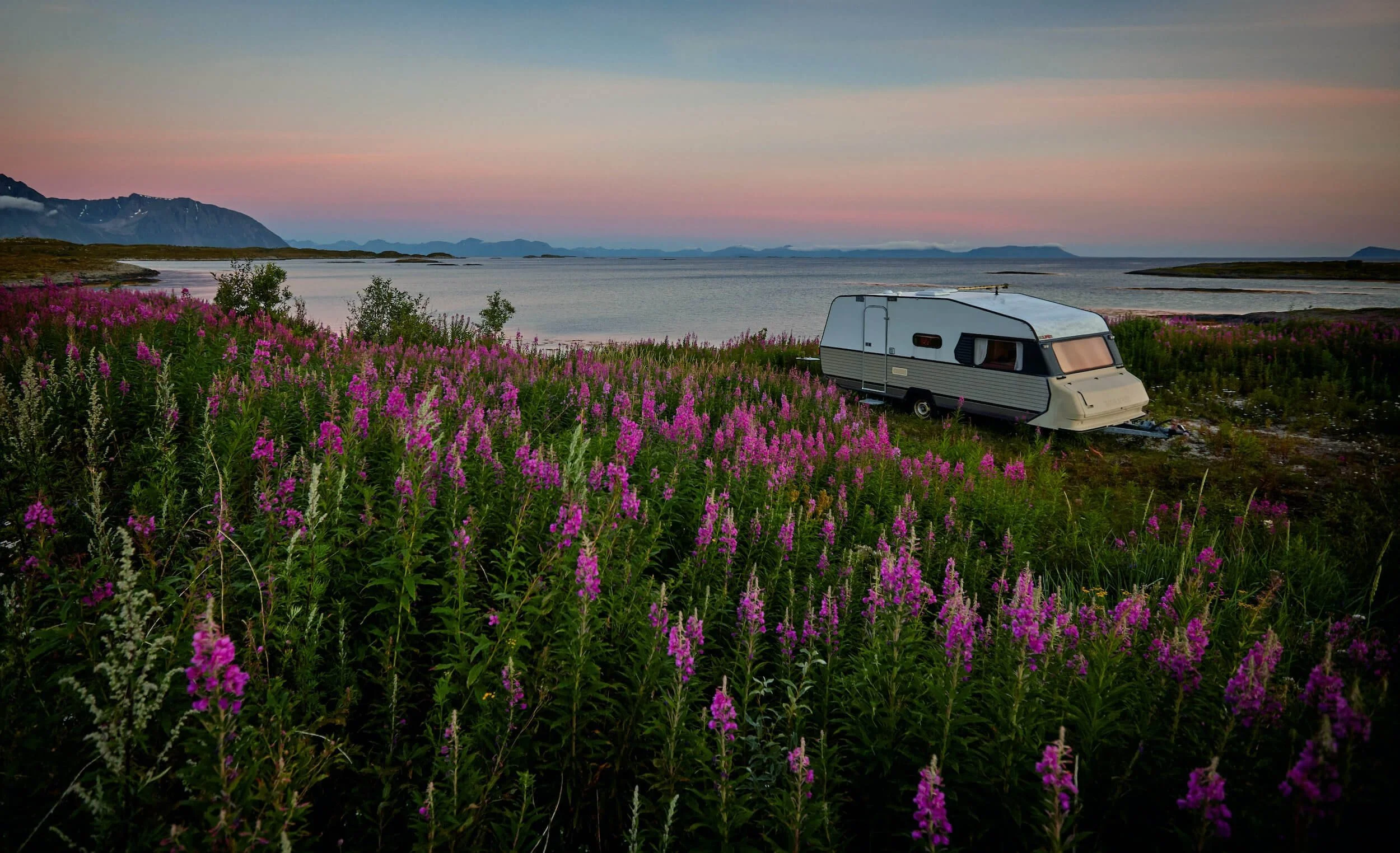 Vintage travel trailer parked in wildflower field by mountain lake at sunset