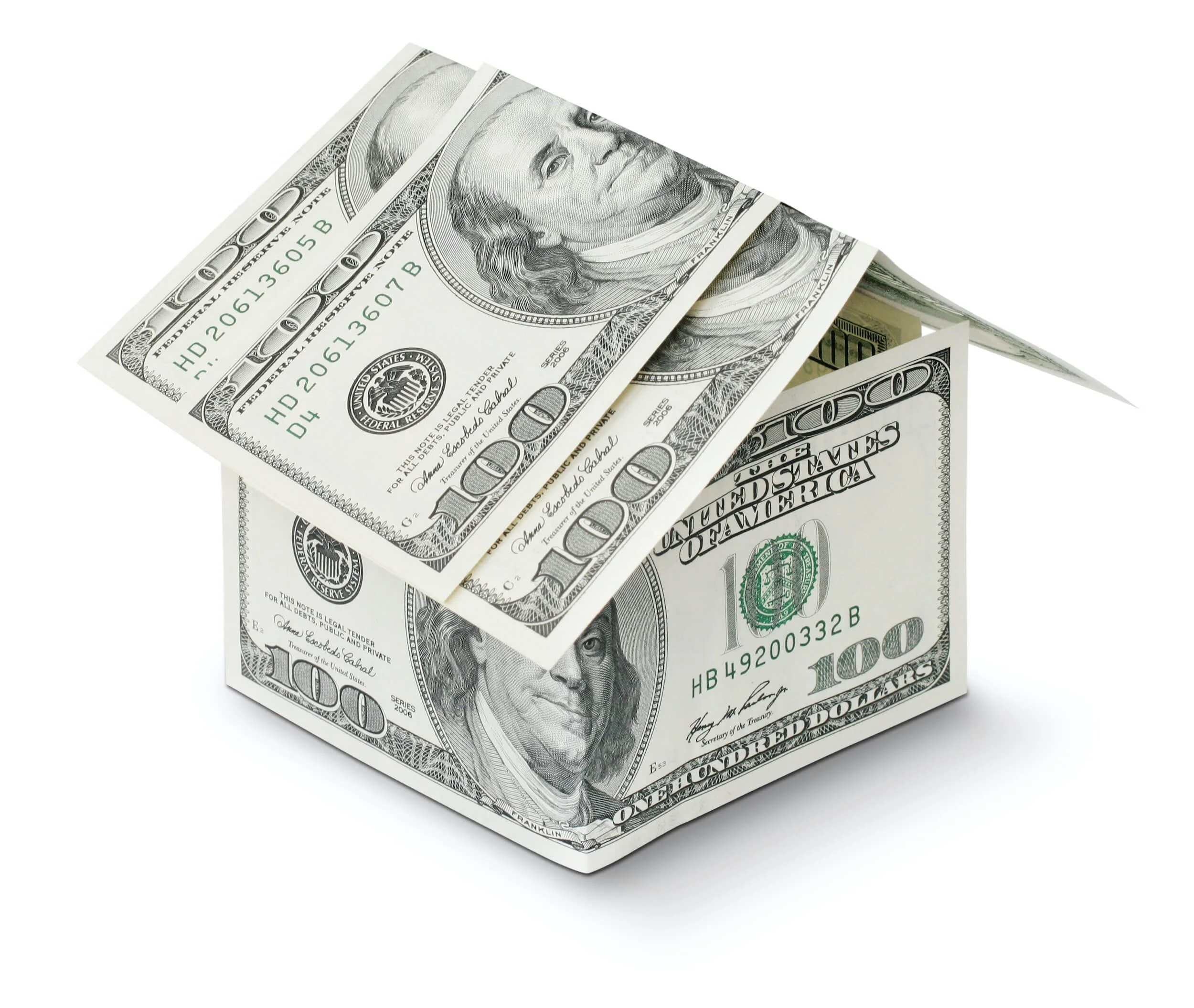 House made of hundred dollar bills representing vehicle financing and paying off financed cars quickly