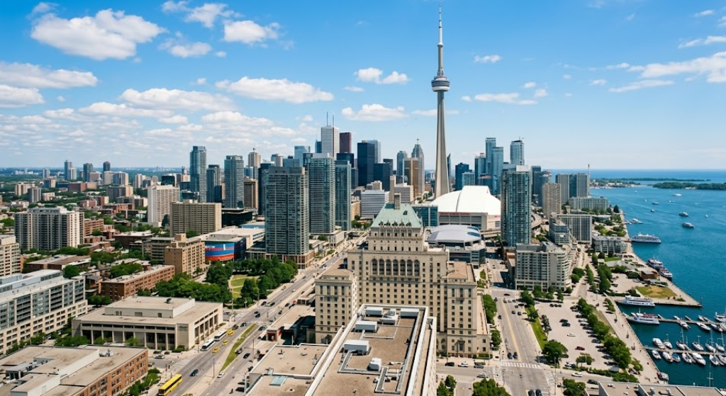 Toronto skyline with CN Tower and Lake Ontario, illustrating Canadian city where residents consider US vehicle registration