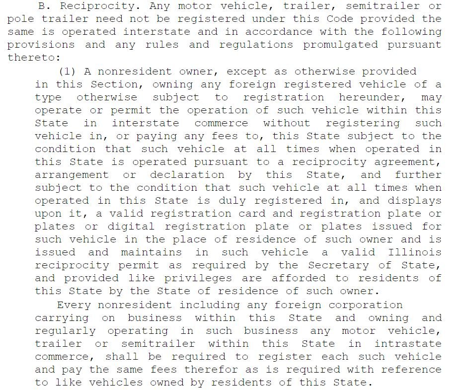 Illinois vehicle registration reciprocity law text for operating foreign registered vehicles interstate without state