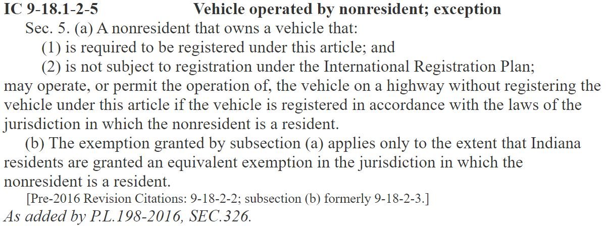 Indiana vehicle registration law for nonresidents operating UTVs and side by sides on highways without state registration
