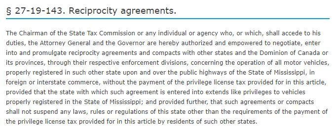 Mississippi reciprocity agreements law text allowing out-of-state vehicle registration for UTVs and motor vehicles on public