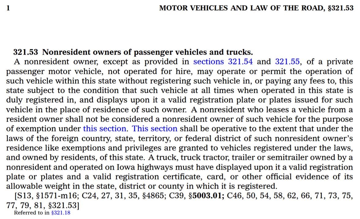 Iowa motor vehicle law section 321.53 regarding nonresident owners of passenger vehicles and trucks registration