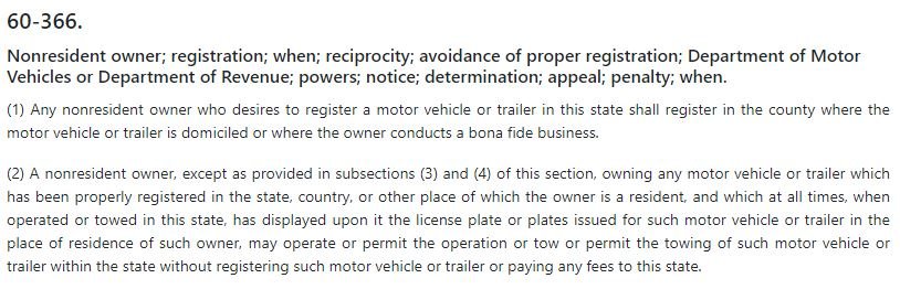 Nebraska motor vehicle registration law for nonresident owners operating UTVs and trailers on state roads